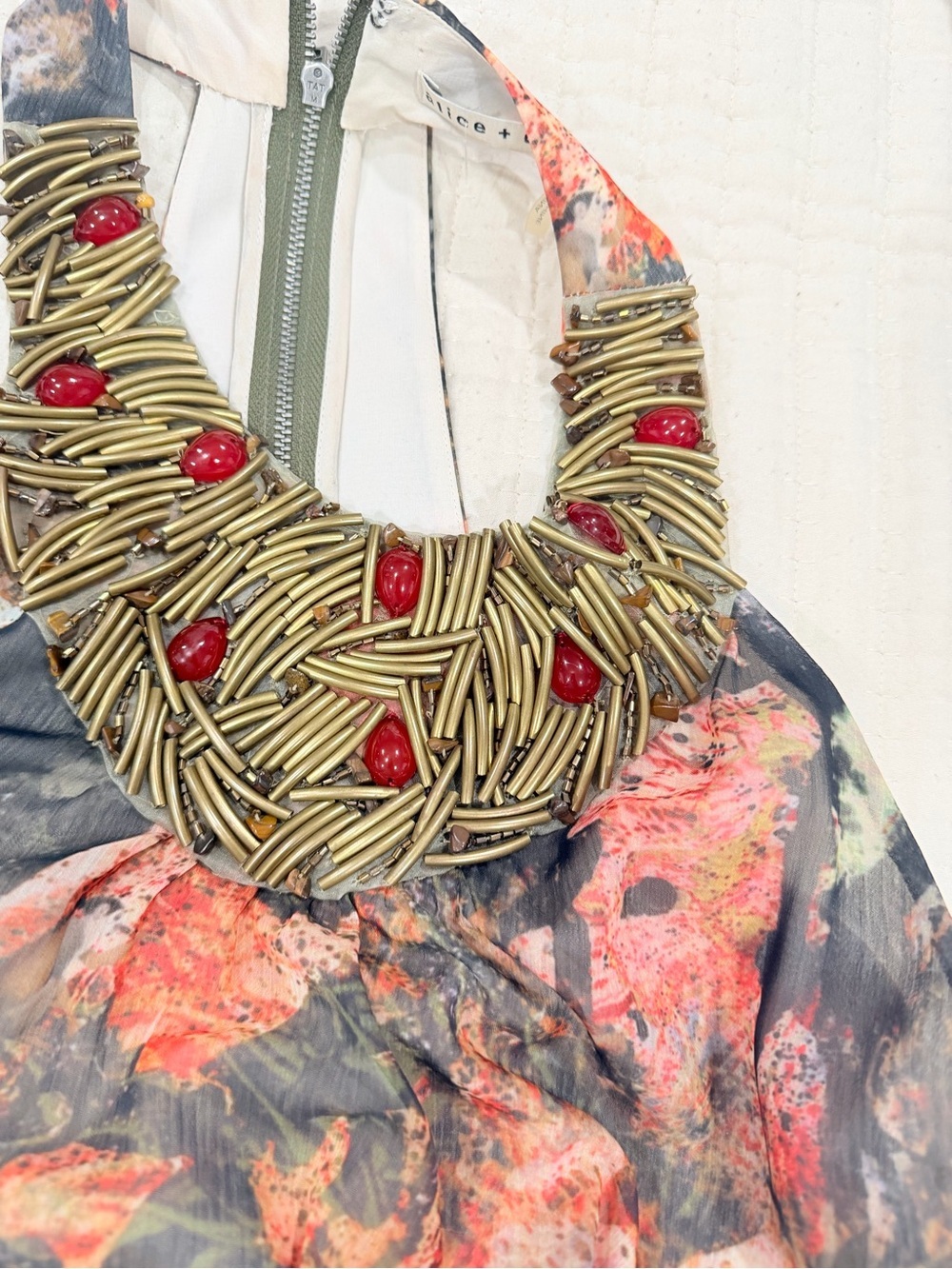 Alice + Olivia Halter Maxi Dress in Coral, Olive & Black Floral - Picture 5 of 8